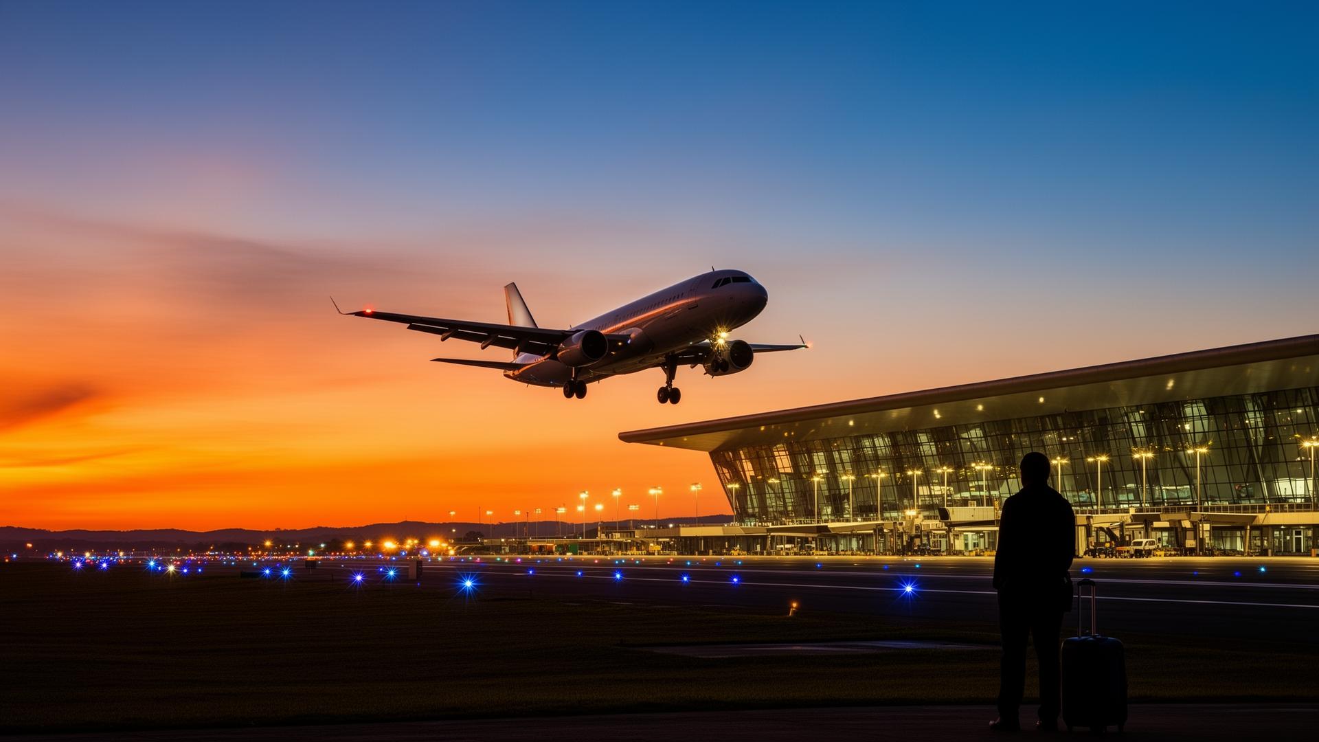 Avião decolando do Aeroporto Internacional de Confins ao entardecer