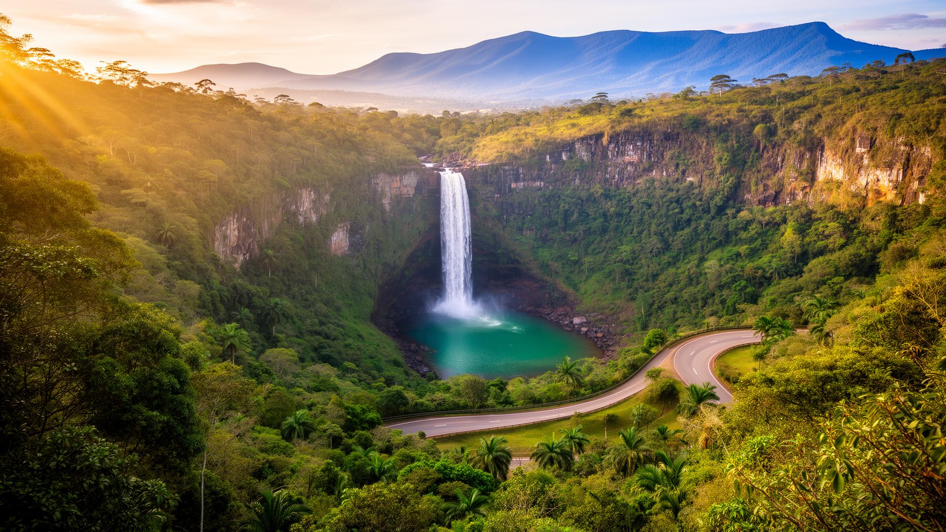 Cachoeira em meio à mata atlântica com estrada sinuosa nas montanhas de Minas Gerais